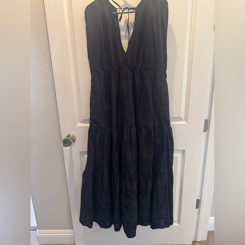 Black Eyelet V-Neck Maxi Dress - Elegant Tiered Summer Style
